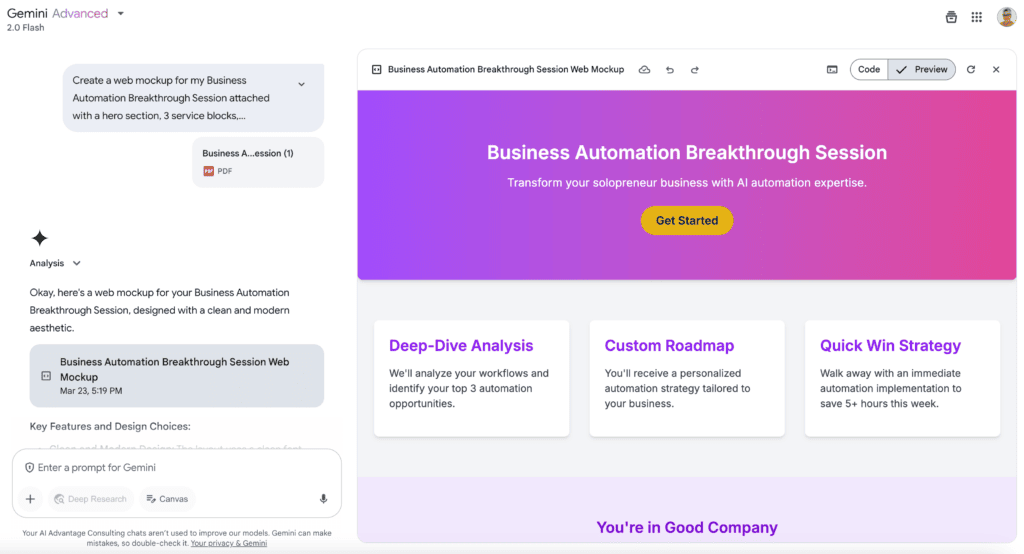 Using Gemini Canvas for design mockups